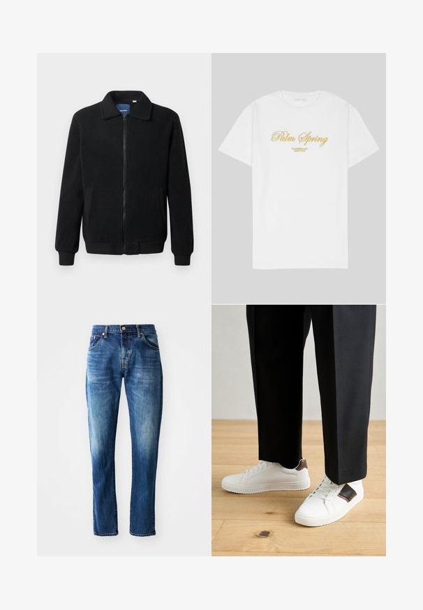 Black fleece jacket featuring a zip closure, stand collar, ribbed cuffs, and side pockets with a textured surface.; White cotton t-shirt featuring gold text that reads "Palm Spring" with "California Love Eighty Five" below, relaxed fit, crew neck design.; Dark blue denim jeans featuring a straight-leg cut, five pockets, faded detailing, and a front button closure with a zipper fly.; White sneakers with smooth texture, featuring brown leather accents and black detailing, paired with black tailored pants. Wooden floor background.