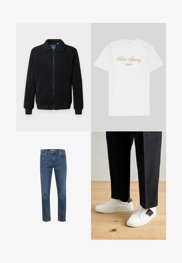 Černá fleecová bunda s zipovým uzávěrem, stojáčkem, vroubkovanými manžetami a bočními kapsami s texturovaným povrchem.; Bílý bavlněný tričko s zlatým textem, který zní "Palm Spring" a pod ním "California Love Eighty Five", volný střih, design s kulatým výstřihem.; Džínové kalhoty v tmavě modré barvě se rovný střih, pěti kapsami a kontrastním prošíváním. Obsahují zip a kovový knoflík na pase.; Bílé tenisky s hladkým povrchem, s hnědými koženými akcenty a černými detaily, kombinované s černými kalhotami na míru. Pozadí tvoří dřevěná podlaha.