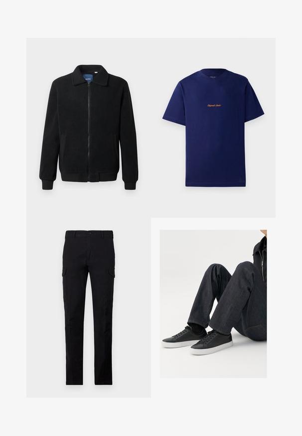 Casaco de polar preto com fecho de correr, gola alta, punhos canelados e bolsos laterais com uma superfície texturizada.; T-shirt de algodão azul-marinho com mangas curtas. Apresenta um pequeno logótipo bordado laranja no peito. Design clássico de gola redonda.; Calças cargo pretas feitas de tecido resistente, com um corte regular, fecho de botão e dois bolsos laterais tipo cargo. Textura lisa, sem padrões.; Ténis de couro preto com solas de borracha brancas, apresentando atacadores redondos e um design minimalista, combinados com jeans de ganga escuros.