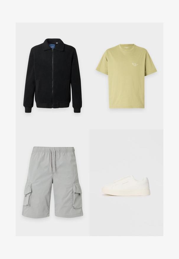 Svart fleece jakke med glidelås, høy krage, ribbestrikkede mansjetter og sidelommer med strukturert overflate.; Lys grønn bomull T-skjorte med korte ermer, rund halslinning og en liten hvit logotekst på venstre brystområde.; Lys grå cargo shorts med elastisk midje, snøring og to store sidelommer. Glatt, lett stoff.; Hvite slip-on joggesko med teksturert overflate, tykk såle og minimalistisk design. Har merkevarelogo på siden.