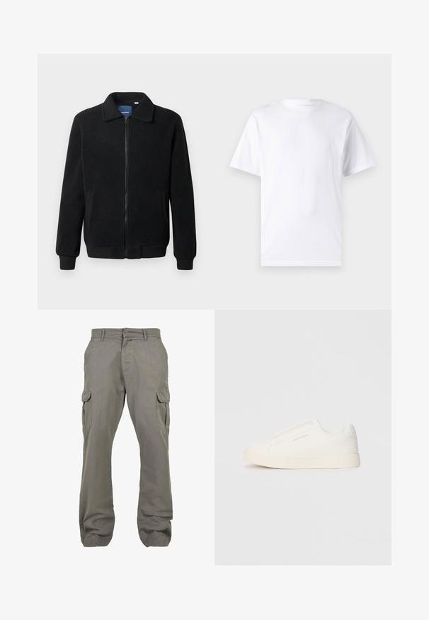 Fekete bolyhos dzseki cipzárral, állógallérral, bordázott mandzsettákkal és oldalzsebekkel, textúrált felülettel.; Fehér, rövid ujjú póló, pamutból készült, kerek nyakkivágással, sima textúrával és egyszerű, minták vagy díszítések nélküli kivitelben.; Világosszürke anyagú cargo nadrág, egyenes szárú dizájnnal, több oldalsó zsebbel és gombos záródással a biztos illeszkedés érdekében.; Fehér slip-on sportcipők texturált felülettel, vastag talppal és minimalista dizájnnal. Az oldalon a márka logója található.