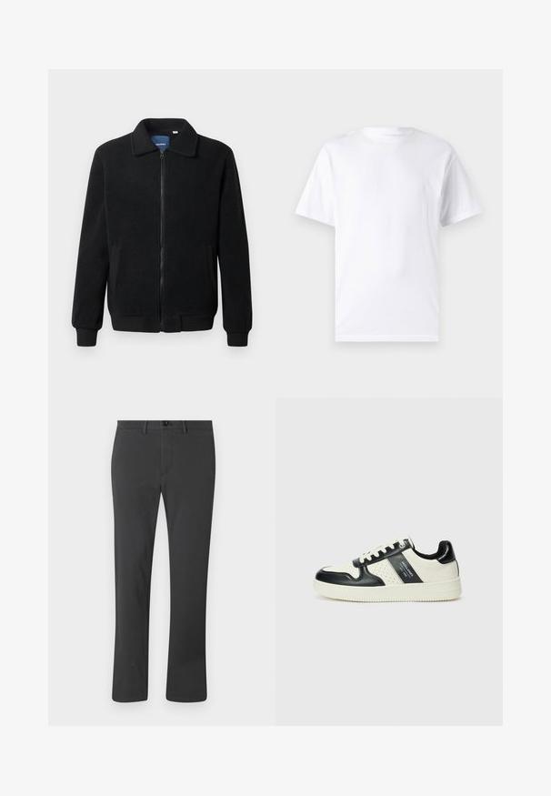 Zwarte fleece jas met een ritssluiting, staande kraag, ribgebreide manchetten en zijzakken met een textuur.; Witte T-shirt met korte mouwen, gemaakt van katoen, met een ronde hals. Het heeft een gladde textuur en een eenvoudig ontwerp zonder patronen of accenten.; Zwarte broek gemaakt van soepele stof, met een rechte pijpdesign, rits, knoopsluiting en lussen voor een riem. Eenvoudige en functionele stijl.; Leren sneakers met een zwart en crèmekleurig kleurenschema, voorzien van geperforeerde accenten, een gevoerde kraag en een gestructureerde buitenzool.