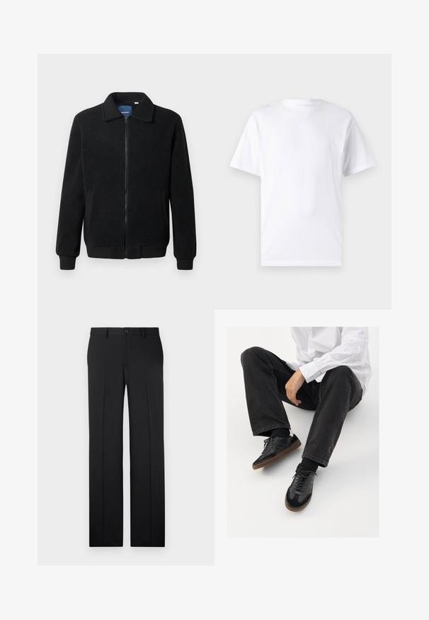 Chaqueta de forro polar negra con cierre de cremallera, cuello alzado, puños acanalados y bolsillos laterales con una superficie texturizada.; Camiseta blanca de manga corta hecha de algodón con cuello redondo, que presenta una textura suave y un diseño simple sin patrones ni acentos.; Pantalones negros a medida con corte recto, tejido suave, pliegues frontales y un cierre de botón en la cintura.; Zapatillas negras con una parte superior suave y texturizada, que cuentan con una suela de goma y cordones oscuros. Combinadas con jeans negros y una camisa blanca a rayas.