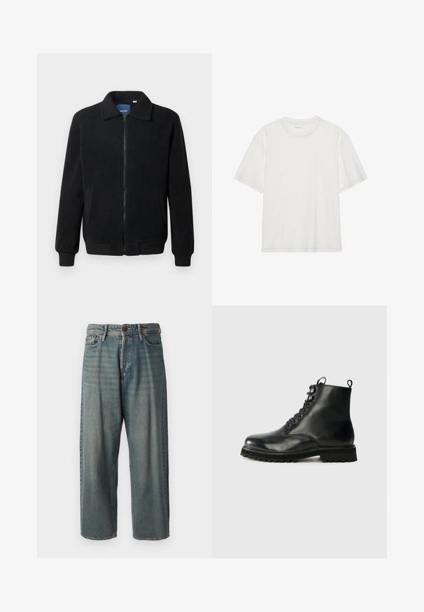 Black fleece jacket featuring a zip closure, stand collar, ribbed cuffs, and side pockets with a textured surface.; White cotton t-shirt with short sleeves, round neck, and contrasting stitching detail around the neckline and sleeves.; Light blue denim jeans with a loose fit, mid-rise waist, and straight legs. Features five pockets, belt loops, and a button closure.; Black leather ankle boot with a rounded toe, lace-up front, and textured rubber sole. Features pull tab on heel and contrast stitching.