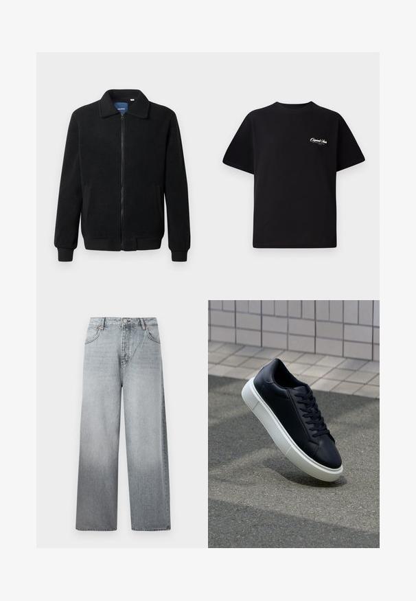 Melnā vilnas jaka ar rāvējslēdzēju, stāvošu apkakli, ribotām piedurknēm un sānu kabatām ar teksturētu virsmu.; Melnas kokvilnas t-krekls ar apaļu kakla izgriezumu, īsām piedurknēm un maziem baltiem logotipa uzrakstiem kreisajā krūšu daļā. Vienkāršs dizains, klasiskā piegriezne.; Gai pelēki platai kājiņai džinsi ar nodilušu efektu, ar pogu un rāvējslēdzēja aizdari, piecu kabatu dizainu un kontrastējošu šuvju.; Melnas ādas kedas ar noapaļotu pirkstu un baltu gumijas zoli. Iespējas - plakanas šņorītes un minimāla apdare augšdaļā. Struktūrēta zole, lai nodrošinātu saķeri.