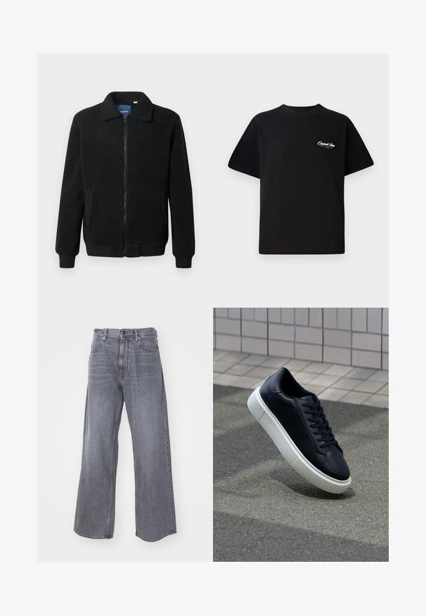 Veste en polaire noire avec fermeture éclair, col montant, poignets côtelés et poches latérales avec une surface texturée.; T-shirt en coton noir avec col rond, manches courtes et petit texte logo blanc sur la poitrine gauche. Conception simple, coupe classique.; G-STAR TYPE - Jean large - worn in rock; Baskets noires en cuir avec bout arrondi et semelle en caoutchouc blanc. Elles présentent des lacets plats et une couture minimale sur la tige. Semelle texturée pour une bonne adhérence.