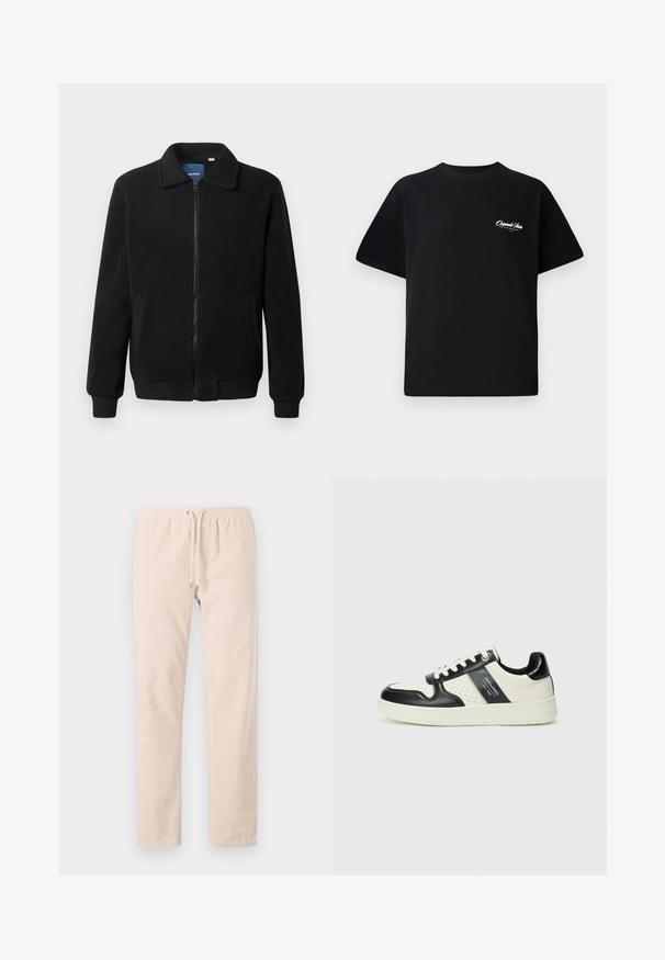 Zwarte fleece jas met een ritssluiting, staande kraag, ribgebreide manchetten en zijzakken met een textuur.; Zwarte katoenen t-shirt met een ronde hals, korte mouwen en kleine witte logo-tekst op de linkerkant van de borst. Eenvoudig ontwerp, klassieke pasvorm.; Licht beige broeken gemaakt van zachte stof, met een elastische tailleband en een trekkoord, en rechte pijpen. Gladde textuur, geen patronen.; Leren sneakers met een zwart en crèmekleurig kleurenschema, voorzien van geperforeerde accenten, een gevoerde kraag en een gestructureerde buitenzool.