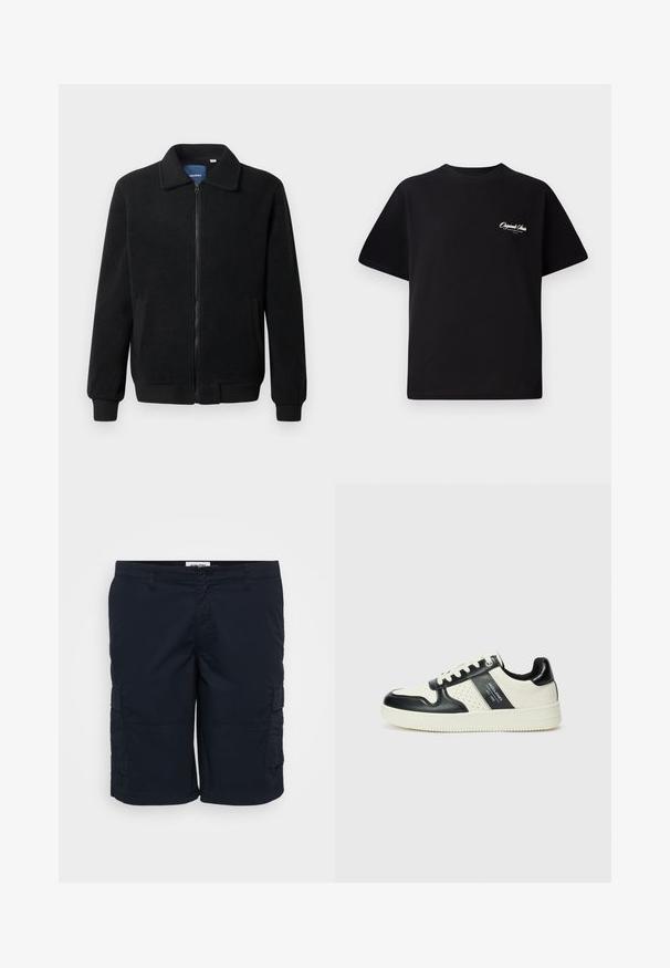 Chaqueta de forro polar negra con cierre de cremallera, cuello alzado, puños acanalados y bolsillos laterales con una superficie texturizada.; Camiseta de algodón negra con cuello redondo, mangas cortas y pequeño texto en blanco del logo en el lado izquierdo del pecho. Diseño simple, corte clásico.; Pantalones cortos de carga en color navy, fabricados con tela ligera, que cuentan con dos bolsillos laterales, trabillas para cinturón y un corte recto. Diseño sencillo con costuras mínimas.; Zapatillas de cuero con un esquema de colores negro y crema, que cuentan con acentos perforados, un collar acolchado y una suela texturizada.