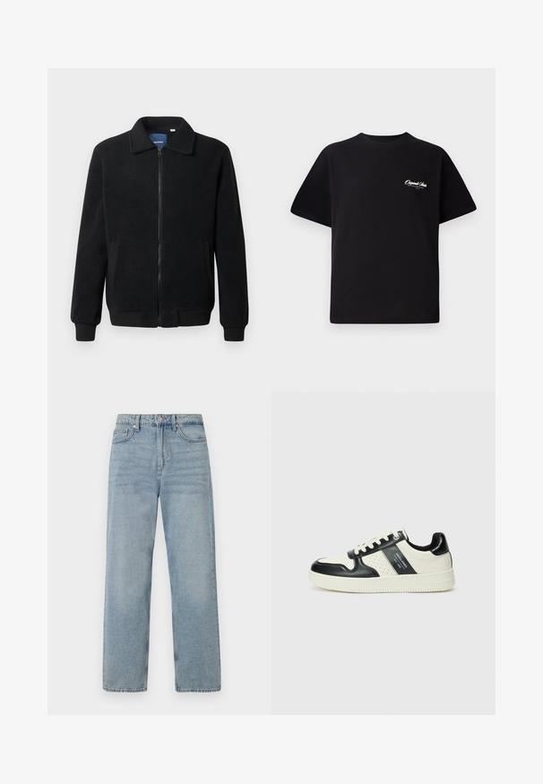 Giacca in pile nera con chiusura zip, colletto alto, polsini a coste e tasche laterali con superficie strutturata.; T-shirt in cotone nero con scollatura rotonda, maniche corte e piccolo testo del logo bianco sul lato sinistro del petto. Design semplice, vestibilità classica.; Jeans in denim azzurro chiaro con vita alta, design a gamba dritta, stile a cinque tasche e un leggero sbiadimento per un effetto usato.; Sneakers in pelle con una combinazione di colori nero e crema, dotati di dettagli perforati, collare imbottito e suola testurizzata.