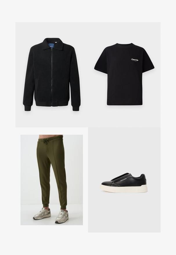 Zwarte fleece jas met een ritssluiting, staande kraag, ribgebreide manchetten en zijzakken met een textuur.; Zwarte katoenen t-shirt met een ronde hals, korte mouwen en kleine witte logo-tekst op de linkerkant van de borst. Eenvoudig ontwerp, klassieke pasvorm.; Olijfgroene joggerbroeken met een trekkoord in de taille, taps toelopende benen en zijnaden. Gecombineerd met beige en grijze sport sneakers.; Zwarte slip-on sneaker met een gestructureerde leren bovenkant, witte rubberen zool en geen zichtbare veters. Beschikt over het merkembleem aan de zijkant.