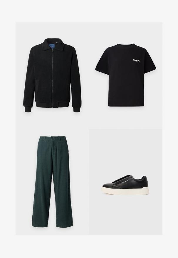 Czarna polarowa kurtka z zamkiem błyskawicznym, stójką, ściągaczami przy mankietach oraz bocznymi kieszeniami o teksturowanej powierzchni.; Czarny bawełniany t-shirt z okrągłym dekoltem, krótkimi rękawami i małym białym logo na lewej piersi. Prosty design, klasyczny krój.; Zielone szerokie spodnie z korduroju o prostym kroju; posiadają zapięcie na guzik oraz dwie boczne kieszenie. Teksturowana, żeberkowana tkanina.; Czarne trampki wsuwane z teksturowanej skóry, biała gumowa podeszwa i brak widocznych sznurówek. Posiadają logo marki z boku.