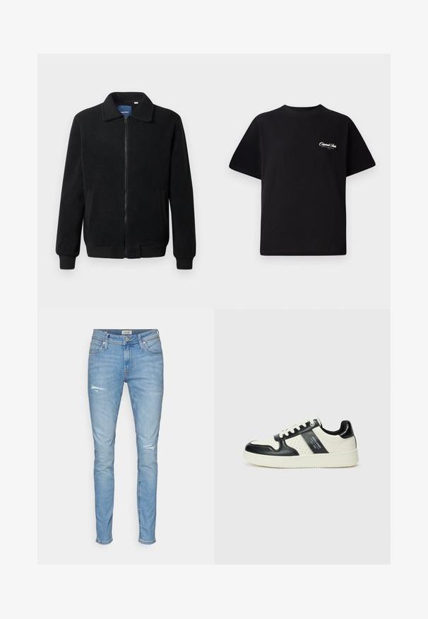 Musternahk fleece-jakk musternahaga, tõmblukk, seisev kaelus, soonikkoes varrukad ja küljetaskud tekstuurse pinnaga.; Must mustrüst t-särk, millel on ümar kaelus, lühikesed varrukad ja väike valge logo tekst vasakul rinnal. Lihtne disain, klassikaline sobivus.; Heled sinised kitsad teksad, mis on valmistatud denimist, omavad kulutatud detaile, standardset viie taskuga disaini ja nupulukkude kinnitust vööl.; Nahatud nahkkingad musta ja kreemi värviskeemiga, millel on perforeeritud aktsendid, pehme krae ja tekstureeritud tallad.