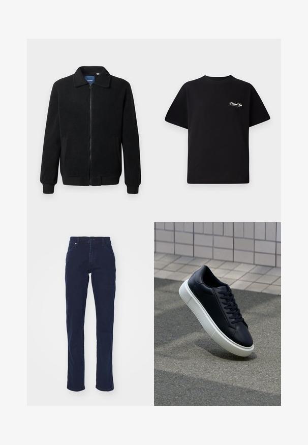 Giacca in pile nera con chiusura zip, colletto alto, polsini a coste e tasche laterali con superficie strutturata.; T-shirt in cotone nero con scollatura rotonda, maniche corte e piccolo testo del logo bianco sul lato sinistro del petto. Design semplice, vestibilità classica.; Jeans in denim blu navy con taglio dritto, tasche frontali e chiusura con bottone. Presentano una texture liscia e dettagli di cucitura minimi.; Sneaker in pelle nera con punta arrotondata e suola in gomma bianca. Presenta lacci piatti e cuciture minime sulla parte superiore. Suola testurizzata per una migliore aderenza.