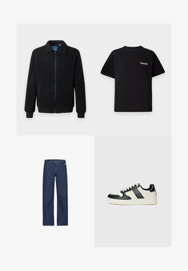 Svart fleece jakke med glidelås, høy krage, ribbestrikkede mansjetter og sidelommer med strukturert overflate.; Svart bomull t-skjorte med rund hals, korte ermer og liten hvit logo-tekst på venstre bryst. Enkel design, klassisk passform.; Mørkeblå denimbukser med løs passform, featuring knappestolpe, beltehemper og frontlommer. Strukturert stoff med subtile variasjoner.; Lædersneakers med sort og creme farveskema, der har perforerede detaljer, en polstret krave og en struktureret ydersål.