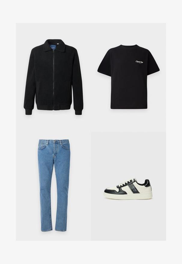 Crni flis jakna s zatvaranjem na zip, stojećim ovratnikom, rebrastim manžetama i bočnim džepovima s teksturiranom površinom.; Crna pamučna majica s okruglim izrezom, kratkim rukavima i malim bijelim logotipom s lijeve strane na prsima. Jednostavan dizajn, klasičan kroj.; Plave traperice s ravnim krojem, stilom s pet džepova i vidljivim šavovima. Klasični pranje s glatkom teksturom.; Kožne tenisice s crno-bijelom paletom boja, koje imaju perforirane akcentne detalje, podstavljeni ovratnik i teksturiranu potplat.