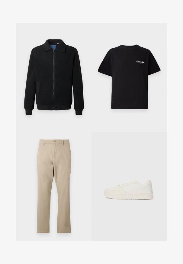 Svart fleece jakke med glidelås, høy krage, ribbestrikkede mansjetter og sidelommer med strukturert overflate.; Svart bomull t-skjorte med rund hals, korte ermer og liten hvit logo-tekst på venstre bryst. Enkel design, klassisk passform.; Beige bomullsbukser med straight-leg design, med knapp foran og subtile sømdetaljer. Glatt tekstur, uten mønster.; Hvit sneakers med en glatt læroverdel og suedeforsterkninger. Har en perforert tå, flate lisser og en gummisåle med teksturert detaljering.
