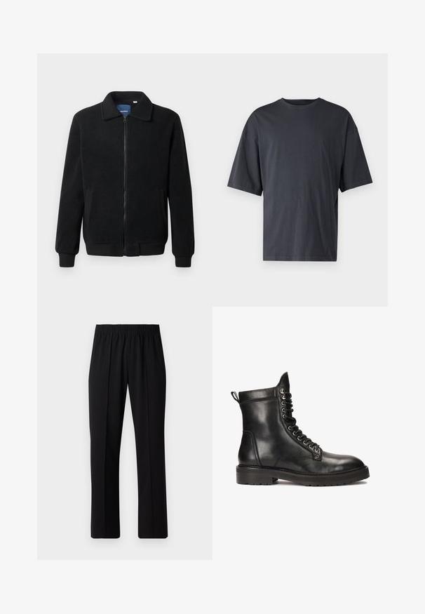 Giacca in pile nera con chiusura zip, colletto alto, polsini a coste e tasche laterali con superficie strutturata.; T-shirt corto a maniche corte di colore grigio scuro realizzato in cotone leggero, con vestibilità ampia e colletto girocollo classico, caratterizzato da una texture liscia e senza motivi.; Pantaloni neri con vita elasticizzata e design a gamba dritta, caratterizzati da una texture liscia e senza motivi o hardware visibili.; Kazar Studio CANRERTH - Stivaletti stringati - black