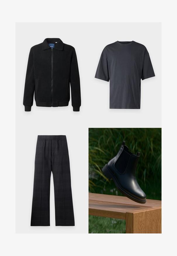 Veste en polaire noire avec fermeture éclair, col montant, poignets côtelés et poches latérales avec une surface texturée.; T-shirt à manches courtes gris foncé en coton léger, avec une coupe ample et un col rond classique, présentant une texture unie et sans motifs.; Pantalons écossais noirs avec une taille élastique, une coupe évasée, un tissu texturé et un subtil motif à carreaux sur toute la surface.; Bottine en cuir noir avec des panneaux latéraux en élasthanne flottant au-dessus d'un banc en bois, arrière-plan de feuillage vert.