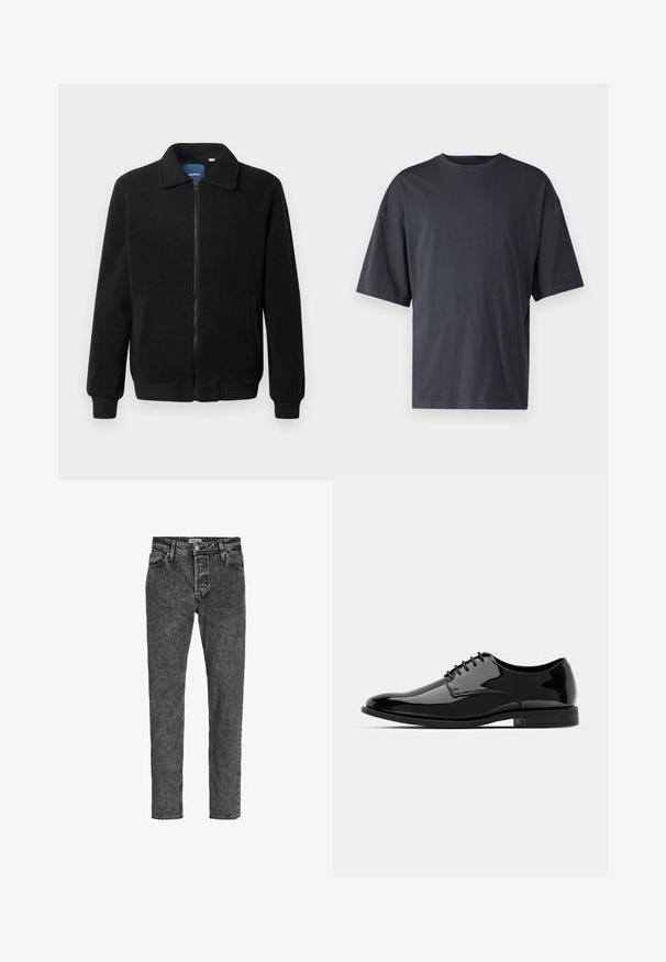 Casaco de polar preto com fecho de correr, gola alta, punhos canelados e bolsos laterais com uma superfície texturizada.; T-shirt de manga curta, cinza escuro, feita de algodão leve, com um corte solto e decote redondo clássico, com textura lisa e sem padrões.; Jack & Jones JJICHRIS JJORIGINAL - Calças de ganga de corte afunilado - black denim; Sapata de vestido em pele envernizada preta com biqueira arredondada, design com atacadores e superfície lisa e brilhante. Apresenta uma sola de borracha de perfil baixo.