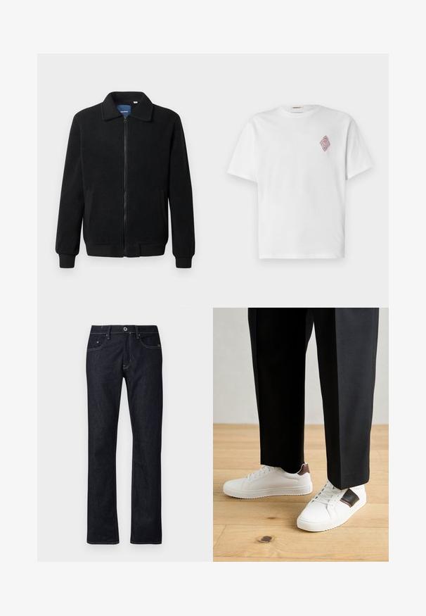 Svart fleece jakke med glidelås, høy krage, ribbestrikkede mansjetter og sidelommer med strukturert overflate.; Hvit bomulls t-skjorte med korte ermer, med et rødt brodert diamantdesign på venstre brystområde. Klassisk rund hals.; Mørkeblå denimjeans med rett ben-design, med standard fem-lommers stil og kontraststing med knap-lukking.; Hvite sneakers med glatt tekstur, med brune skinnakenter og svart detaljer, parret med svarte skreddersydde bukser. Bakgrunn med tregulv.