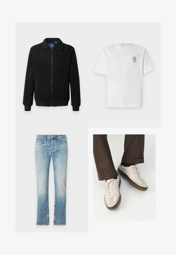 Musternahk fleece-jakk musternahaga, tõmblukk, seisev kaelus, soonikkoes varrukad ja küljetaskud tekstuurse pinnaga.; Valge puuvillane t-särk lühikeste varrukatega, millel on vasakul rindkere piirkonnas punane tikitud teemantimuster. Klassikaline ümmargune kaelus.; Heledad sinised teksased sirge säärega, mis on varustatud pleekinud tekstuuriga, viie tasku, esise eest nööbiga kinni panemisega ja diskreetsete õmbluse detailidega.; Bežid spordijalised, millel on tekstuuriga suede esiosa, siledast nahast küljed ja pruun kummitald. Lisatud on paelad ja heledad õmbluse detailid.