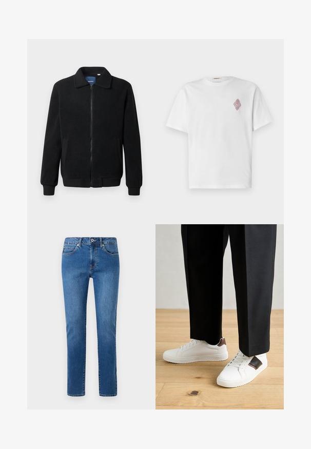 Fekete bolyhos dzseki cipzárral, állógallérral, bordázott mandzsettákkal és oldalzsebekkel, textúrált felülettel.; Fehér, rövid ujjú pamut póló, bal mellek részén piros hímzett gyémánt mintával. Klasszikus kerek nyakkivágás.; Kék farmernadrág egyenes lábbal, öt zsebes kialakítással és gombos derékrésszel. Fokozott varrással a varratok mentén.; Fehér sneaker, sima textúrával, barna bőr díszítéssel és fekete részletekkel, fekete szabott nadrággal párosítva. Fából készült padló háttér.