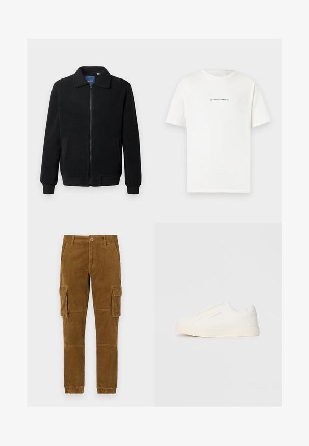 Schwarze Fleecejacke mit Reißverschluss, Stehkragen, gerippten Bündchen und seitlichen Taschen mit strukturiertem Oberflächenmaterial.; Weißes Baumwoll-T-Shirt mit kurzen Ärmeln und Rundhalsausschnitt. Zentrale Schriftzüge "WILLKOMMEN IM PARADIES" in einer geschwungenen grünen Schrift.; Braune Kordhosen im Cargo-Stil mit schmalem Schnitt, ausgestattet mit Seitentaschen, einem Knopfverschluss und elastischen Bündchen an den Knöcheln.; Weiße Slip-On-Sneaker mit einer strukturierten Oberfläche, dicker Sohle und minimalistischem Design. Mit Logo der Marke an der Seite.