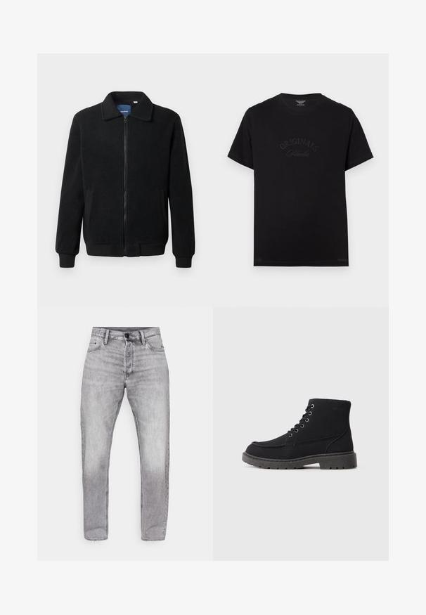 Casaco de polar preto com fecho de correr, gola alta, punhos canelados e bolsos laterais com uma superfície texturizada.; T-shirt de algodão preto com mangas curtas e decote redondo. Apresenta "ORIGINALS Studio" em relevo na frente, com letras tonais.; Jeans de ganga cinza com um corte reto, apresentando um efeito desbotado, design de cinco bolsos e fecho padrão com botão e zíper.; Botas de tornozelo pretas feitas de material texturizado com sola plana, biqueira arredondada e atacadores com seis ilhós. Costura reforçada ao longo da borda.