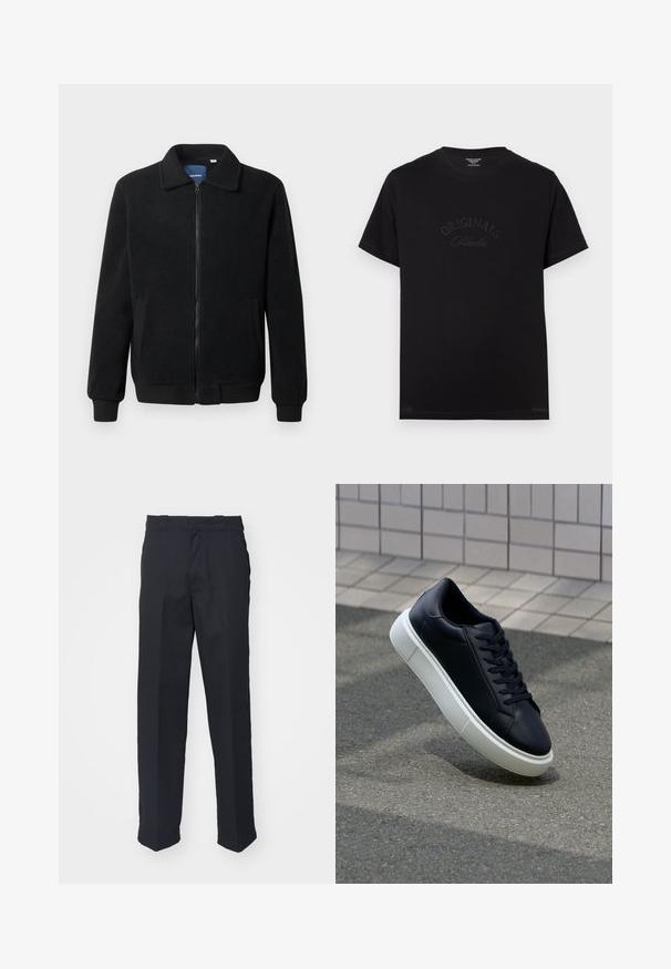 Casaco de polar preto com fecho de correr, gola alta, punhos canelados e bolsos laterais com uma superfície texturizada.; T-shirt de algodão preto com mangas curtas e decote redondo. Apresenta "ORIGINALS Studio" em relevo na frente, com letras tonais.; Calças pretas sob medida com corte reto, feitas de um tecido suave, apresentando uma cintura com passantes e sem padrões ou acessórios visíveis.; Sapatilha de couro preto com bico arredondado e sola de borracha branca. Apresenta atacadores planos e costuras mínimas na parte superior. Sola texturizada para melhor aderência.