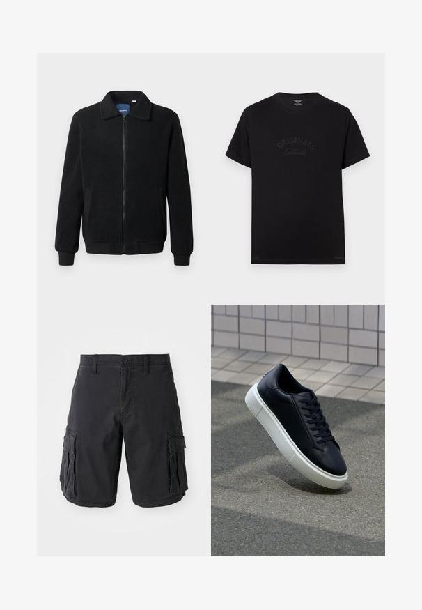 Schwarze Fleecejacke mit Reißverschluss, Stehkragen, gerippten Bündchen und seitlichen Taschen mit strukturiertem Oberflächenmaterial.; Schwarzes Baumwoll-T-Shirt mit kurzen Ärmeln und rundem Halsausschnitt. Auf der Vorderseite befindet sich der Schriftzug "ORIGINALS Studio" in eingeprägten, tonalen Buchstaben.; Schwarze Cargo-Shorts aus Baumwolle, mit mehreren Seiten Taschen, einem Knopfverschluss und einer lockeren Passform. Glatte Textur und robuste Nähte.; Schwarze Leder-Sneaker mit runder Zehenpartie und weißer Gummisohle. Verfügt über flache Schnürsenkel und minimale Nähte im Obermaterial. Strukturiertes Sohlenprofil für besseren Halt.