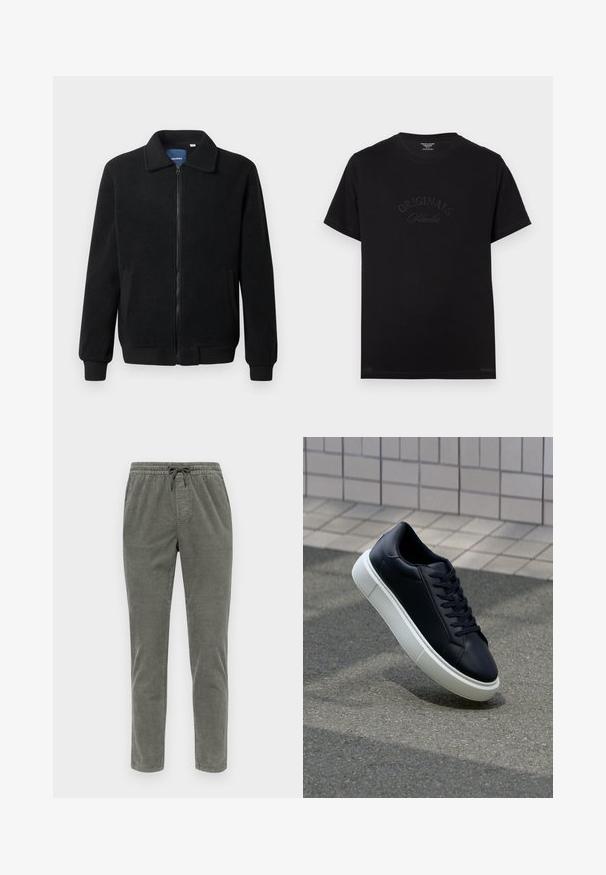 Svart fleece jakke med glidelås, høy krage, ribbestrikkede mansjetter og sidelommer med strukturert overflate.; Svart bomullst-skjorte med korte ermer og rund halslinning. Den har "ORIGINALS Studio" preget i tonede bokstaver foran.; Olivenfargede corduroy-bukser med elastisk midje og snor, rett ben og en strukturert stoffmønster.; Sorte skinnsneakers med rund tå og hvit gummisåle. Har flate lisser og minimal søm på overdelen. Strukturert såle for grep.