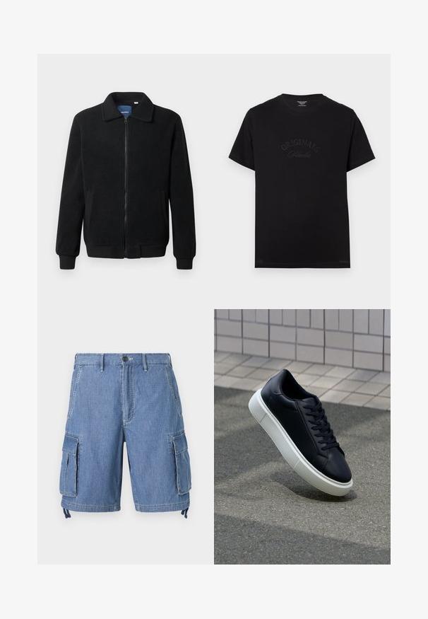 Svart fleece jakke med glidelås, høy krage, ribbestrikkede mansjetter og sidelommer med strukturert overflate.; Svart bomullst-skjorte med korte ermer og rund halslinning. Den har "ORIGINALS Studio" preget i tonede bokstaver foran.; Blå denim cargo shorts med knappelukking, to frontlommer og to store sidelommer med klaff. Inkluderer justerbare snorer nederst.; Sorte skinnsneakers med rund tå og hvit gummisåle. Har flate lisser og minimal søm på overdelen. Strukturert såle for grep.