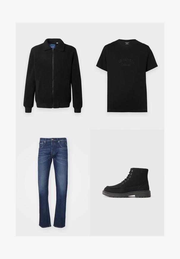 Giacca in pile nera con chiusura zip, colletto alto, polsini a coste e tasche laterali con superficie strutturata.; T-shirt in cotone nero con maniche corte e scollatura rotonda. Presenta la scritta "ORIGINALS Studio" in rilievo con lettering tonale sul davanti.; Jeans in denim blu scuro con design a gamba dritta, caratterizzati da una leggera scoloritura, stile a cinque tasche e chiusura con bottone con un accento metallico.; Stivaletti neri realizzati in materiale texturizzato con suola piatta, punta rotonda e allacciatura con sei occhielli. Cuciture rinforzate lungo il bordo.