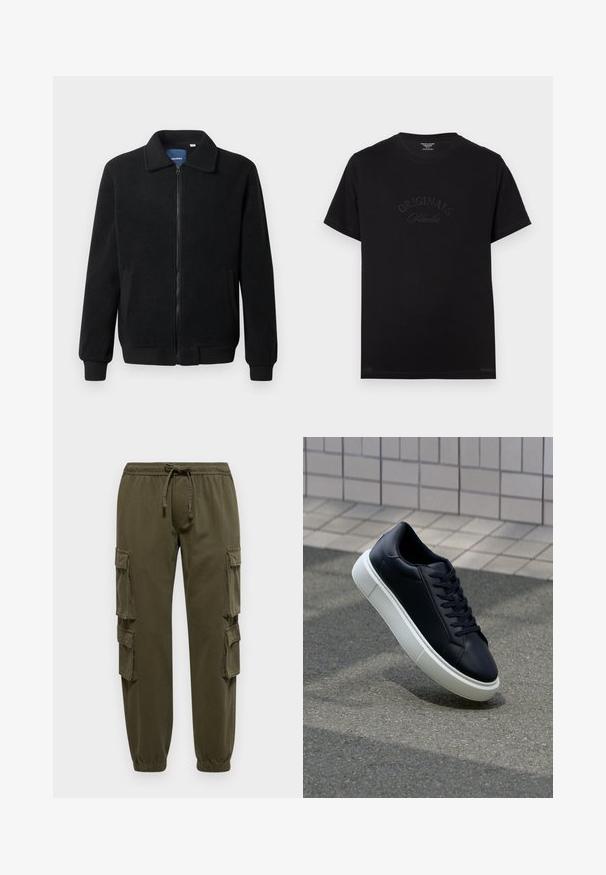 Black fleece jacket featuring a zip closure, stand collar, ribbed cuffs, and side pockets with a textured surface.; Black cotton t-shirt with short sleeves and a round neckline. Features "ORIGINALS Studio" embossed in tonal lettering on the front.; Cargo pants in olive green, made from soft fabric. Features drawstring waist and multiple side pockets. Cuffed at the ankles.; Black leather sneaker with rounded toe and white rubber sole. Features flat laces and minimal stitching on the upper. Textured sole for grip.