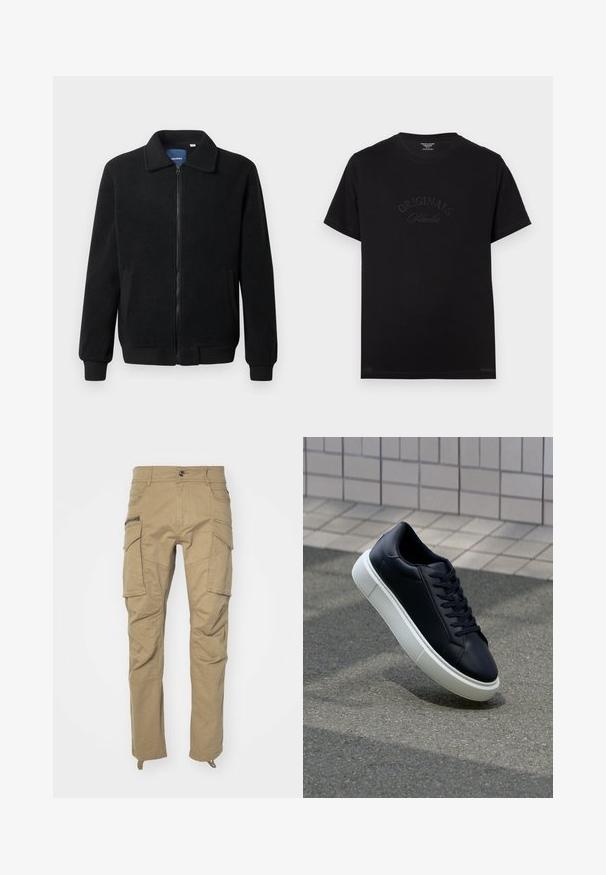 Black fleece jacket featuring a zip closure, stand collar, ribbed cuffs, and side pockets with a textured surface.; Black cotton t-shirt with short sleeves and a round neckline. Features "ORIGINALS Studio" embossed in tonal lettering on the front.; Khaki cargo pants with multiple side pockets, button waist, tapered legs, and soft, durable fabric. Reinforced stitching throughout.; Black leather sneaker with rounded toe and white rubber sole. Features flat laces and minimal stitching on the upper. Textured sole for grip.