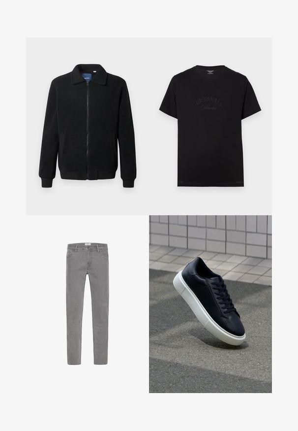 Chaqueta de forro polar negra con cierre de cremallera, cuello alzado, puños acanalados y bolsillos laterales con una superficie texturizada.; Camiseta de algodón negra de manga corta y escote redondo. Presenta "ORIGINALS Studio" en relieve con letras a tono en el frente.; Vaqueros grises de mezclilla con un corte recto. Incluyen cinco bolsillos, trabillas para cinturón y cierre frontal con botón. Textura suave, diseño minimalista.; Zapatilla de cuero negro con punta redonda y suela de goma blanca. Presenta cordones planos y un mínimo de costuras en la parte superior. Suela texturizada para proporcionar agarre.