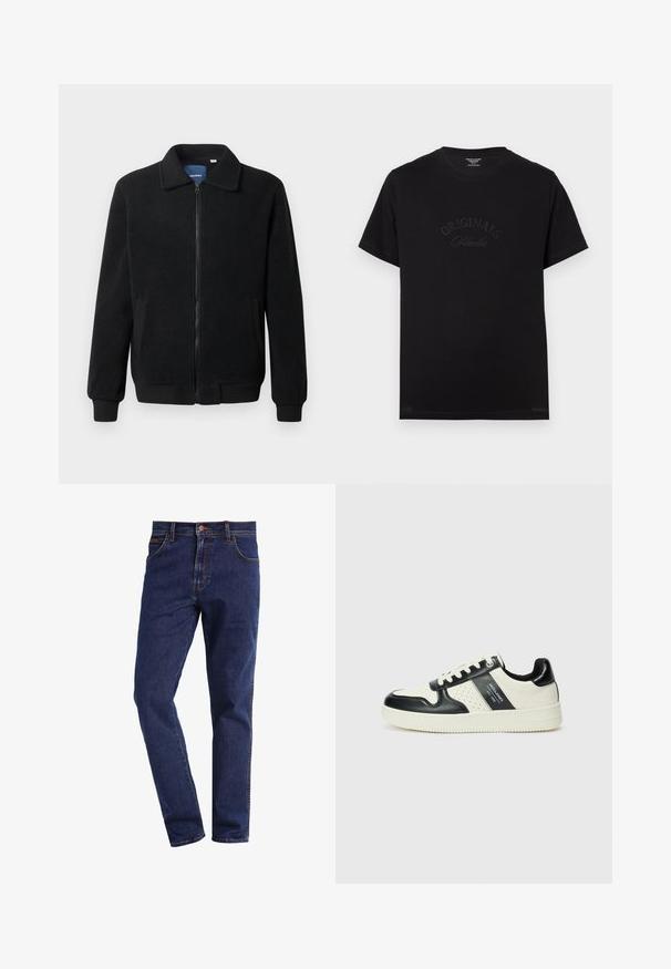 Musta fleece-takki, jossa on vetoketjulla suljettavat, pystykaulus, ribbireunat ja sivutaskut, joissa on teksturoitu pinta.; Mustat puuvillapaitat lyhyillä hihoilla ja pyöreällä kaula-aukolla. Edessä on tonalisessa kirjonnassa "ORIGINALS Studio".; Tummansiniset suorat farkut etutaskuilla, napilla kiinnitettävä, vyölenkeillä ja näkyvällä ompelemisella.; Nahkakengät musta-kerma värimaailmassa, joissa on rei'itetyt yksityiskohdat, pehmustettu nilkkaosa ja teksturoitu pohja.