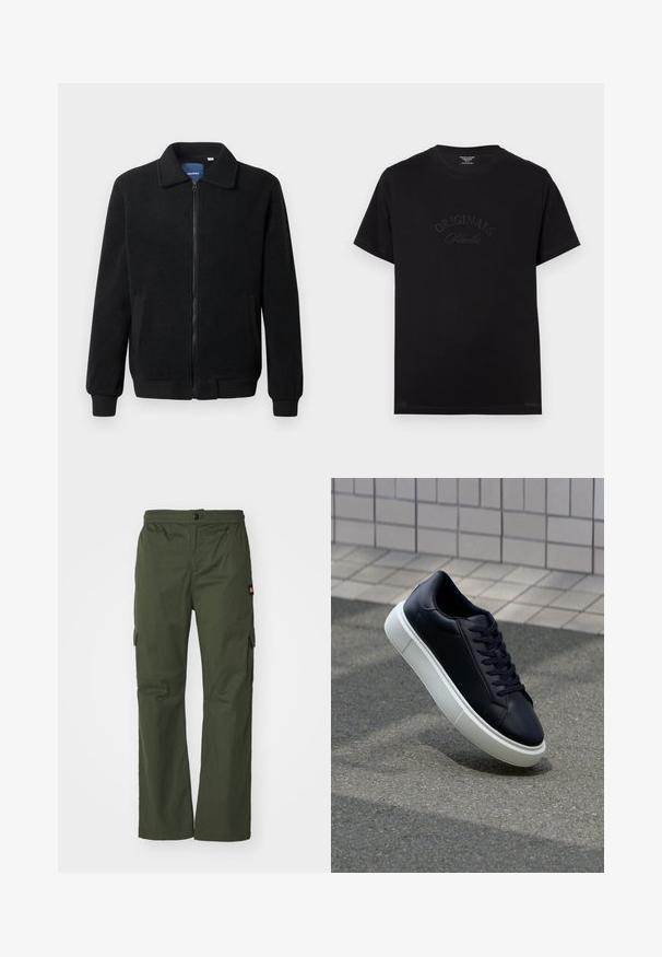 Juodas fliso džemperis su užtrauktuku, stovinčia apykakle, gumuotais rankogaliais ir šoninėmis kišenėmis, turinčiomis tekstūruotą paviršių.; Juodas medvilninis marškinėliai su trumpomis rankovėmis ir apvaliu iškirpimu. Priekyje turi įspaustą tekstą "ORIGINALS Studio" toninėmis raidelėmis.; Alyvuogių žalios spalvos cargo kelnės su mygtukų užsegimu, elastine juosmena ir šoninėmis kišenėmis, pagamintos iš lengvo audinio su lygiu paviršiumi.; Juodas odinis sportbačius su apvaliu pirštu ir baltu gumuotu padu. Turi plokščias raišteles ir minimalų siuvimą viršuje. Padangos tekstūra užtikrina sukibimą.