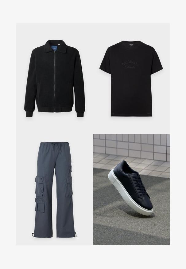 Giacca in pile nera con chiusura zip, colletto alto, polsini a coste e tasche laterali con superficie strutturata.; T-shirt in cotone nero con maniche corte e scollatura rotonda. Presenta la scritta "ORIGINALS Studio" in rilievo con lettering tonale sul davanti.; Pantaloni cargo grigio scuro con elastico in vita, multiple grandi tasche sui lati e polsini regolabili alle caviglie.; Sneaker in pelle nera con punta arrotondata e suola in gomma bianca. Presenta lacci piatti e cuciture minime sulla parte superiore. Suola testurizzata per una migliore aderenza.