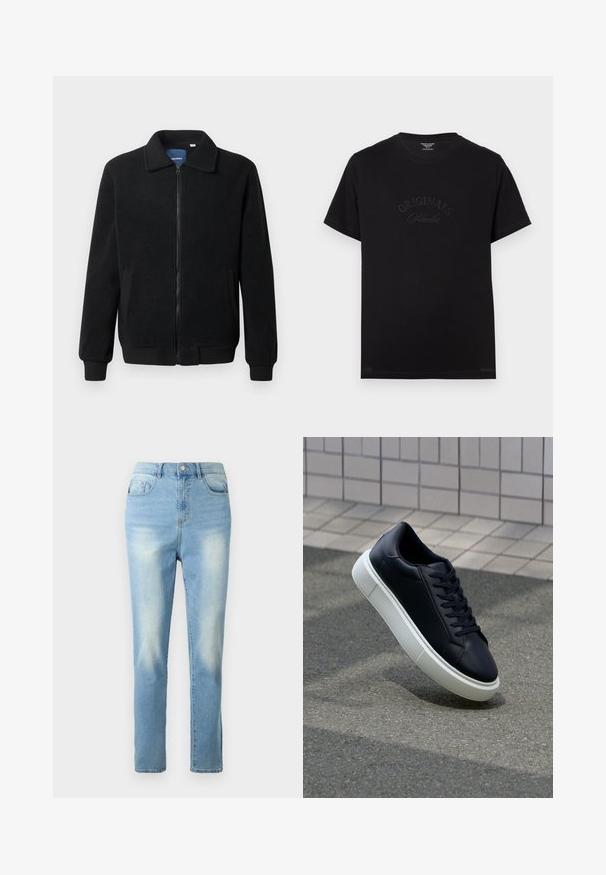 Casaco de polar preto com fecho de correr, gola alta, punhos canelados e bolsos laterais com uma superfície texturizada.; T-shirt de algodão preto com mangas curtas e decote redondo. Apresenta "ORIGINALS Studio" em relevo na frente, com letras tonais.; Jeans de denim azul claro com corte de perna reta, design de cinco bolsos e ligeira descoloração nas coxas. Cintura clássica com botão frontal.; Sapatilha de couro preto com bico arredondado e sola de borracha branca. Apresenta atacadores planos e costuras mínimas na parte superior. Sola texturizada para melhor aderência.