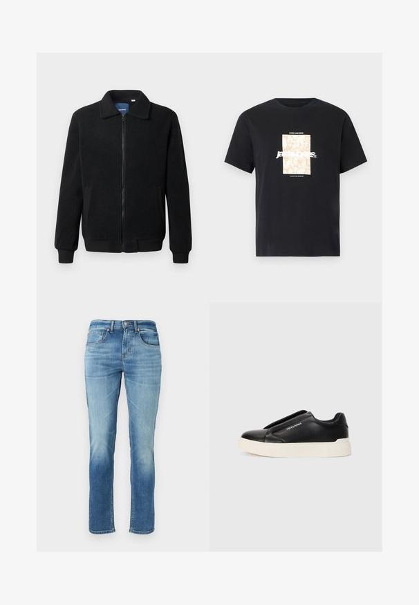 Musternahk fleece-jakk musternahaga, tõmblukk, seisev kaelus, soonikkoes varrukad ja küljetaskud tekstuurse pinnaga.; Mustmust mustäriga T-särk, millel on ümar kaelus. Esipaneelil on beež ristkülikukujuline graafika ja valge tekst "JAWO", mis on keskendatud. Lühikesed varrukad.; Heledad sinine teksapüks, sirge sääre disainiga, viis taskut, õrn pleekimine reite piirkonnas ja klassikaline nööbiga sulgemine vööl.; Must musta kingad tekstureeritud nahast pealmise osaga, valge kummist tallaga ja nähtamatute paeltega. Küljel on brändi logo.