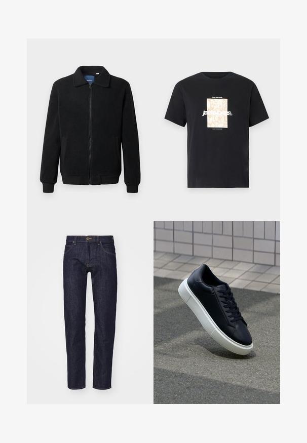 Juodas fliso džemperis su užtrauktuku, stovinčia apykakle, gumuotais rankogaliais ir šoninėmis kišenėmis, turinčiomis tekstūruotą paviršių.; Juodas medvilninis marškinėliai su apvaliu kaklu. Ant priekinės pusės yra smėlio spalvos stačiakampis grafikas ir baltas tekstas "JAWO", centrinėje dalyje. Trumpi rankoviai.; Tamsiai mėlynos džinsinės kelnės su tiesiu kirpimu, penkių kišenių dizainu, kontrastingomis geltonomis siūlėmis ir metaliniu mygtuko užsegimu juosmens srityje.; Juodas odinis sportbačius su apvaliu pirštu ir baltu gumuotu padu. Turi plokščias raišteles ir minimalų siuvimą viršuje. Padangos tekstūra užtikrina sukibimą.