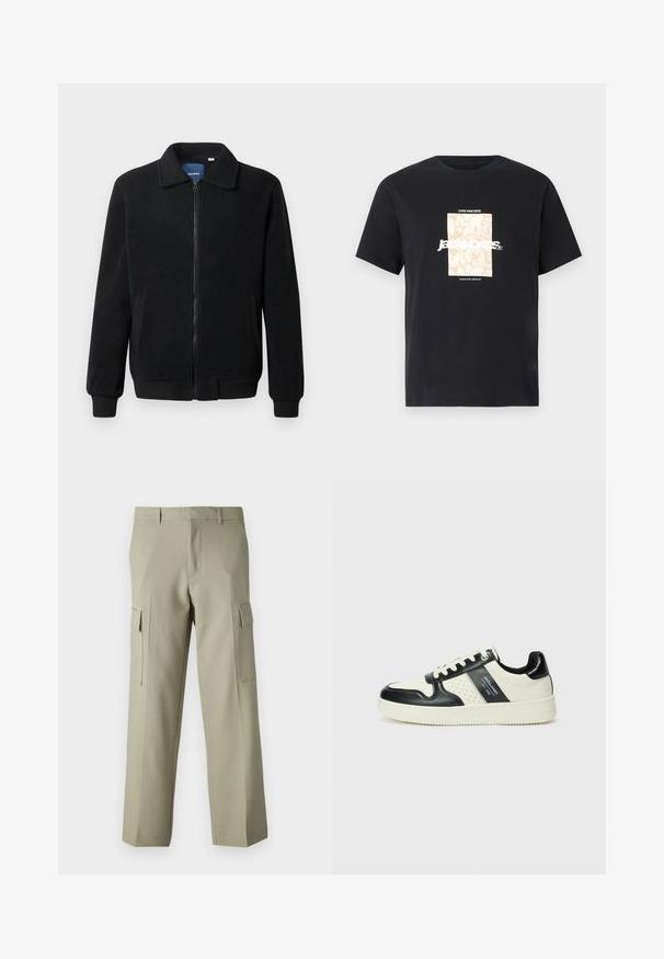 Črna flis jakna z zadrgo, stoječim ovratnikom, rebrastimi zapestji in stranskimi žepi s teksturirano površino.; Črna bombažna majica s krožnim izrezom. Ima bež pravokoten grafični vzorec in belo besedilo "JAWO," sredi spredaj. Kratke rokave.; Svetlozeleni cargo hlače s ravnim krojem, ki imajo stranske žepke in gladko teksturo tkanine. Prikazana je zadnja stran.; Usnjeni športni čevlji z črno in krem barvno shemo, ki vključujejo perforirane dodatke, podložen ovratnik in strukturirano podplat.