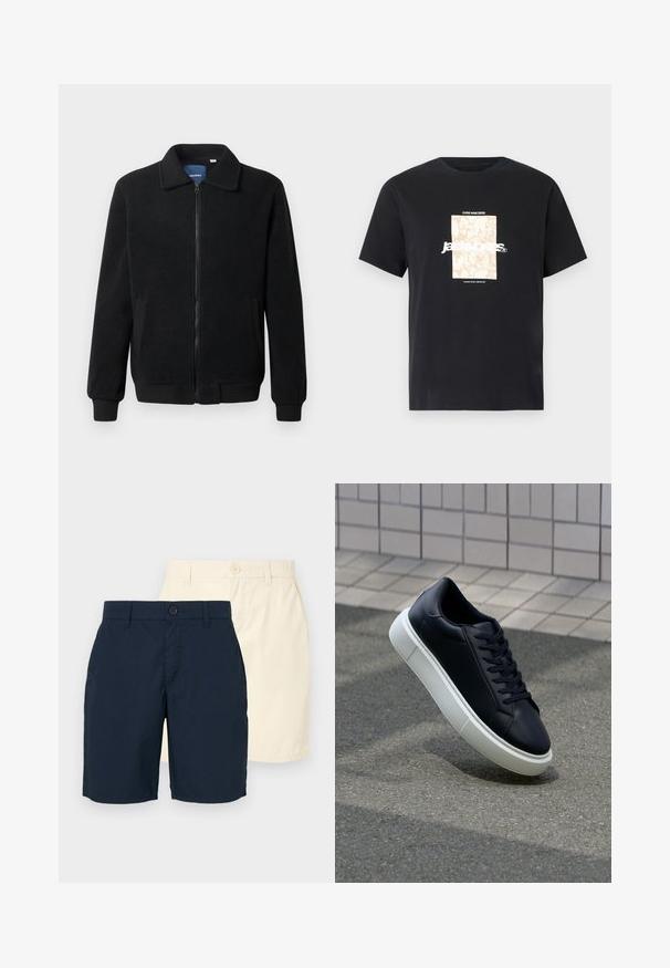 Veste en polaire noire avec fermeture éclair, col montant, poignets côtelés et poches latérales avec une surface texturée.; T-shirt noir en coton avec col rond. Présente un graphique rectangulaire beige et un texte blanc "JAWO" centré sur le devant. Manches courtes.; Deux paires de shorts : une bleu marine et une beige clair. Les deux ont une coupe droite, une fermeture à bouton et un tissu lisse et léger.; Baskets noires en cuir avec bout arrondi et semelle en caoutchouc blanc. Elles présentent des lacets plats et une couture minimale sur la tige. Semelle texturée pour une bonne adhérence.
