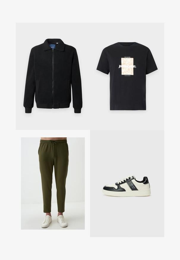Schwarze Fleecejacke mit Reißverschluss, Stehkragen, gerippten Bündchen und seitlichen Taschen mit strukturiertem Oberflächenmaterial.; Schwarzes Baumwoll-T-Shirt mit Rundhalsausschnitt. Hat eine beige rechteckige Grafik und weißen Text "JAWO", zentriert auf der Vorderseite. Kurze Ärmel.; Olivgrüne Jogginghosen aus weichem Stoff, mit elastischem Bund und Kordelzug, tailliertem Schnitt und Seitentaschen.; Leder-Sneaker in Schwarz- und Cremetönen, mit perforierten Akzenten, einem gepolsterten Kragen und einer strukturierten Laufsohle.