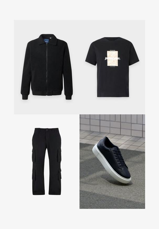 Zwarte fleece jas met een ritssluiting, staande kraag, ribgebreide manchetten en zijzakken met een textuur.; Zwarte katoenen T-shirt met ronde hals. Kenmerkt een beige rechthoekige grafiek en witte tekst, "JAWO," gecentreerd op de voorkant. Korte mouwen.; Zwarte cargobroek van katoen, met meerdere zijzakken, een relaxte pasvorm en een rechte pijp.; Zwarte leren sneaker met een ronde neus en een witte rubberen zool. Voorzien van platte veters en minimale stiksels op het bovenwerk. Textuurrijke zool voor grip.