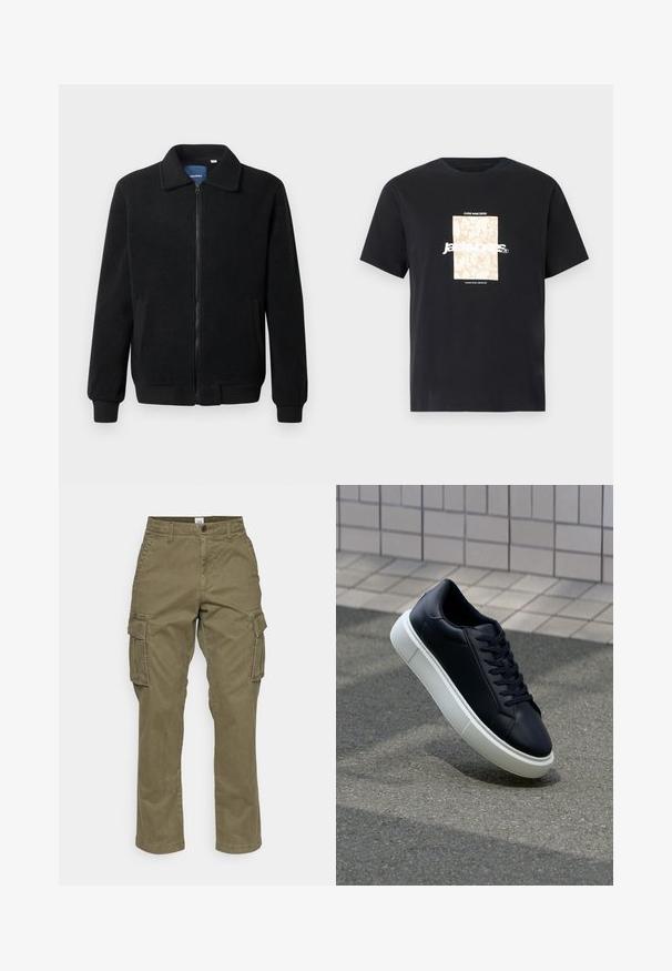 Črna flis jakna z zadrgo, stoječim ovratnikom, rebrastimi zapestji in stranskimi žepi s teksturirano površino.; Črna bombažna majica s krožnim izrezom. Ima bež pravokoten grafični vzorec in belo besedilo "JAWO," sredi spredaj. Kratke rokave.; Olivnozeleni cargo hlače iz bombaža, s ravnim krojem, stranskimi žepi in diskretnimi šivi. Tekstura je gladka, z odpornih materialom.; Črne usnjene superge z zaobljenim prstom in belim gumijastim podplat. Imajo ravne vezalke in minimalno šivanje na zgornjem delu. Teksturirani podplat za oprijem.