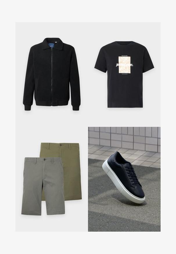 Fekete bolyhos dzseki cipzárral, állógallérral, bordázott mandzsettákkal és oldalzsebekkel, textúrált felülettel.; Fekete pamut póló kerek nyakkal. Bézs téglalap alakú grafika és fehér szöveg található rajta, "JAWO," középen elhelyezve. Rövid ujjú.; Két pár zöld és olivaszínű sort. Mindkettő sima felületű, gombos záródással és lapos elejű kialakítással rendelkezik. Nincs látható minta.; Fekete bőr sportcipő lekerekített orral és fehér gumitalppal. Lapos fűzőkkel és minimális varrásokkal rendelkezik a felsőrészén. Mintás talp a tapadásért.