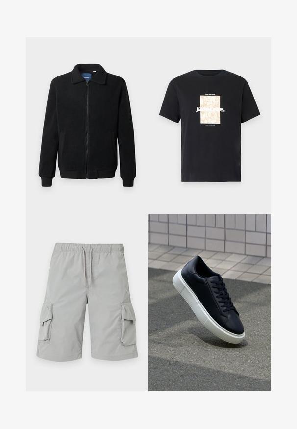 Musternahk fleece-jakk musternahaga, tõmblukk, seisev kaelus, soonikkoes varrukad ja küljetaskud tekstuurse pinnaga.; Mustmust mustäriga T-särk, millel on ümar kaelus. Esipaneelil on beež ristkülikukujuline graafika ja valge tekst "JAWO", mis on keskendatud. Lühikesed varrukad.; Heledad hallküksid elastse vöökoha, nööriga sulgemise ja kahe suure küljetaskuga. Sile, kerge kangas.; Mustast nahast tennisetoss, millel on ümar nina ja valge kummist tall. Omab siredaid paelu ja minimaalset õmblemist ülemises osas. Tekstuuriga tald, mis tagab haakuvuse.