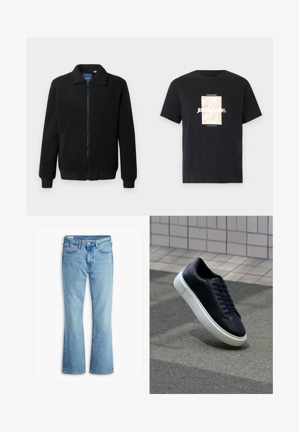 Black fleece jacket featuring a zip closure, stand collar, ribbed cuffs, and side pockets with a textured surface.; Black cotton t-shirt with round neck. Features a beige rectangular graphic and white text, "JAWO," centered on the front. Short sleeves.; Light blue denim flared jeans with a high waist, featuring front pockets, a button closure, and faded texture for a vintage look.; Black leather sneaker with rounded toe and white rubber sole. Features flat laces and minimal stitching on the upper. Textured sole for grip.